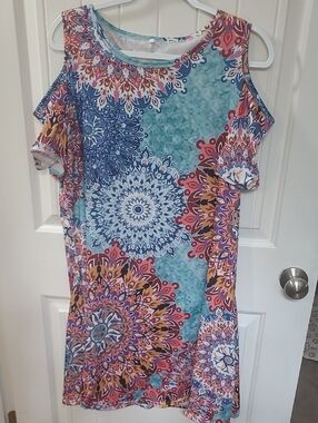 Boho 2X Medallion Cold-Shoulder Women's Dress - Blue Multicolor